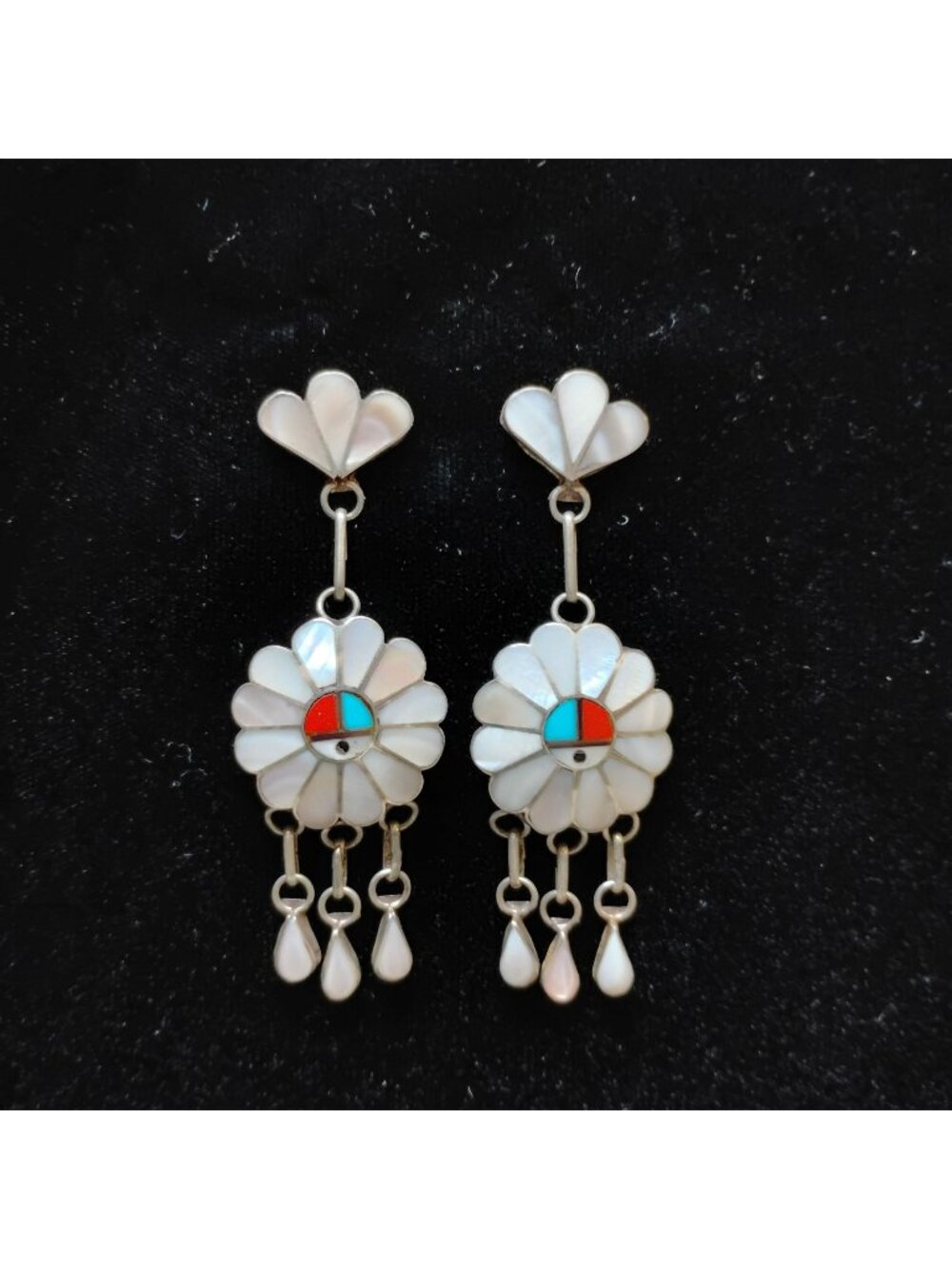 Native American Zuni Sterling Silver MOP Sun Face Dangle Long Earrings Signed